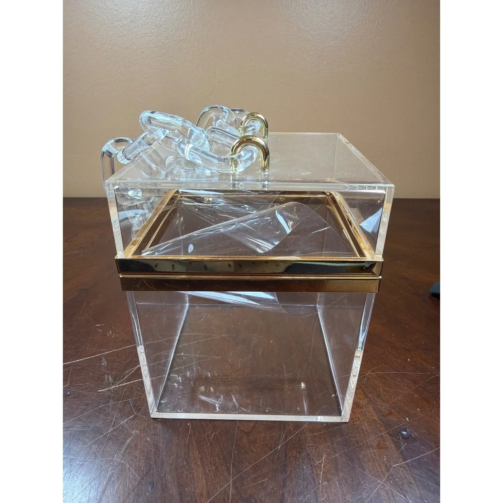 Clear Acrylic Box Clutch Bag with Gold Hardware and Chunky Chain Handle‎